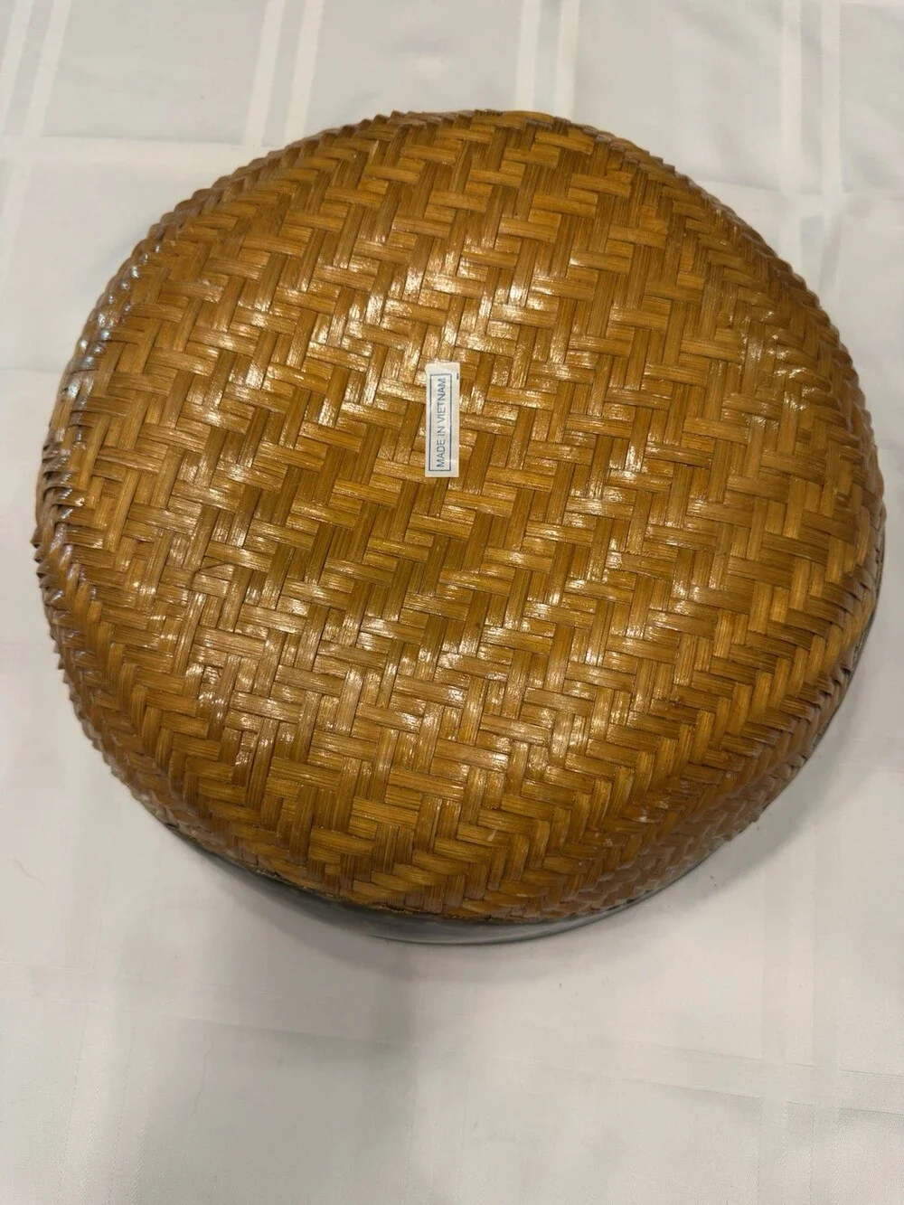 VTG Vietnam Black Lacquer Basket Woven Bamboo Lidded Box Gold Gilt Stamped